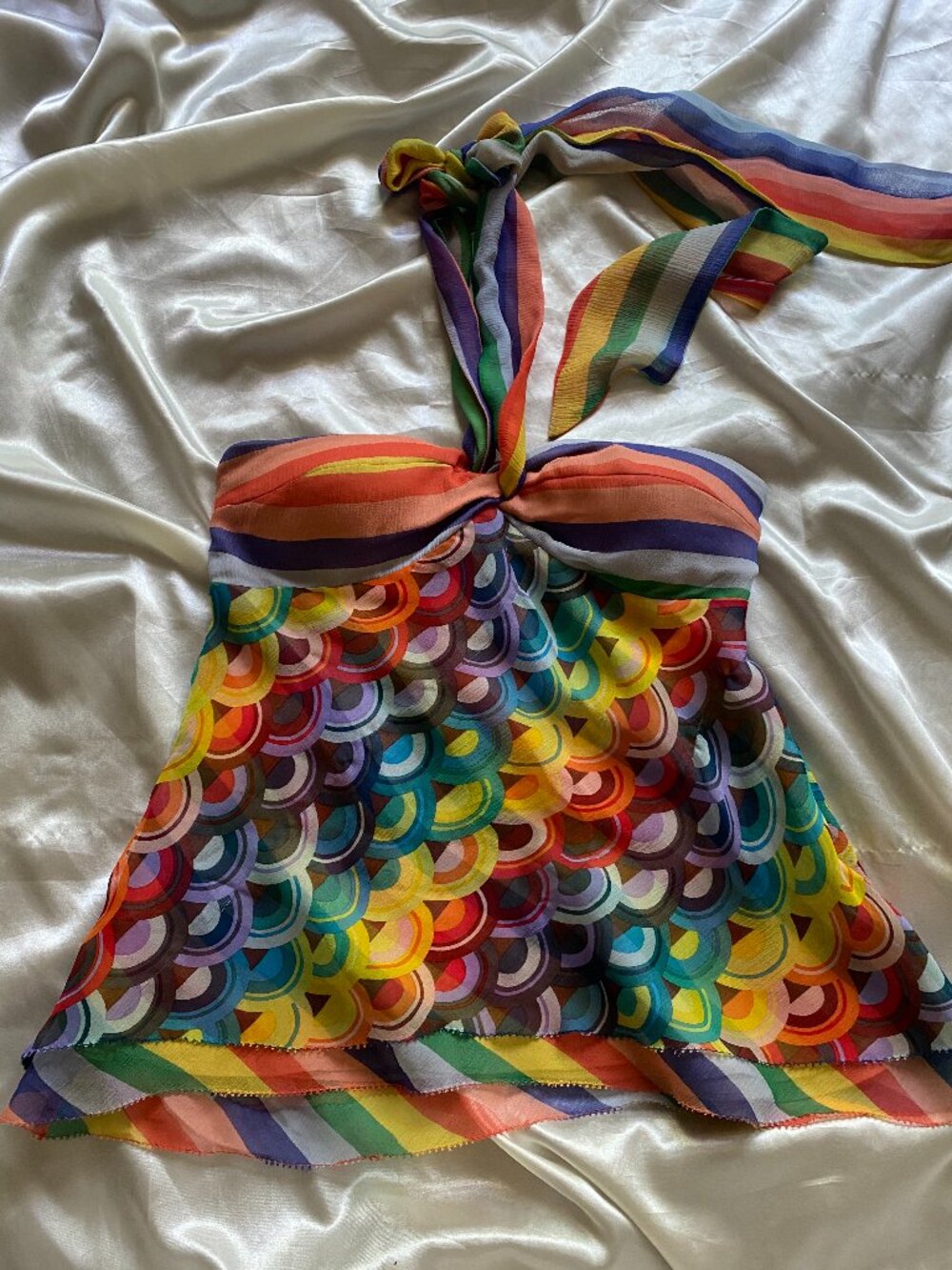 Rare Tibi 100% Silk Chiffon Rainbow Psychedelic Halter Size 0 Unique y2k
